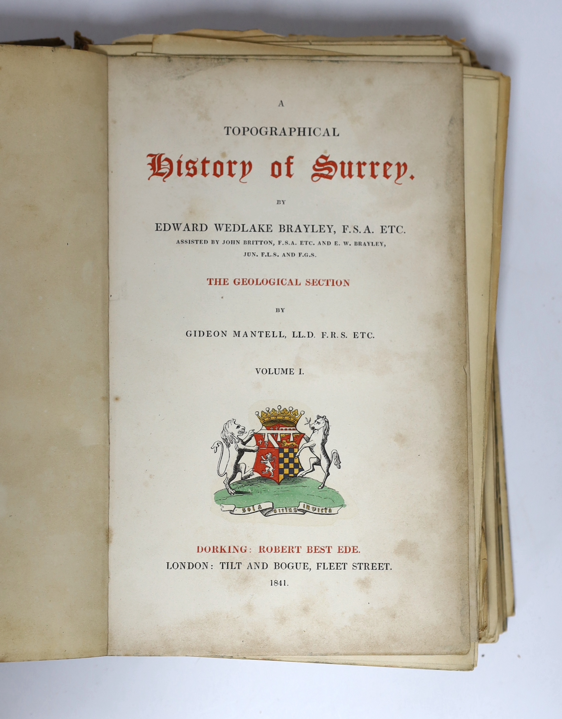 Edward Wedlake Bradley, Gideon Marshall - Topographical History of Surrey - Geological series. 5 Vols, published 1851. Half calf
